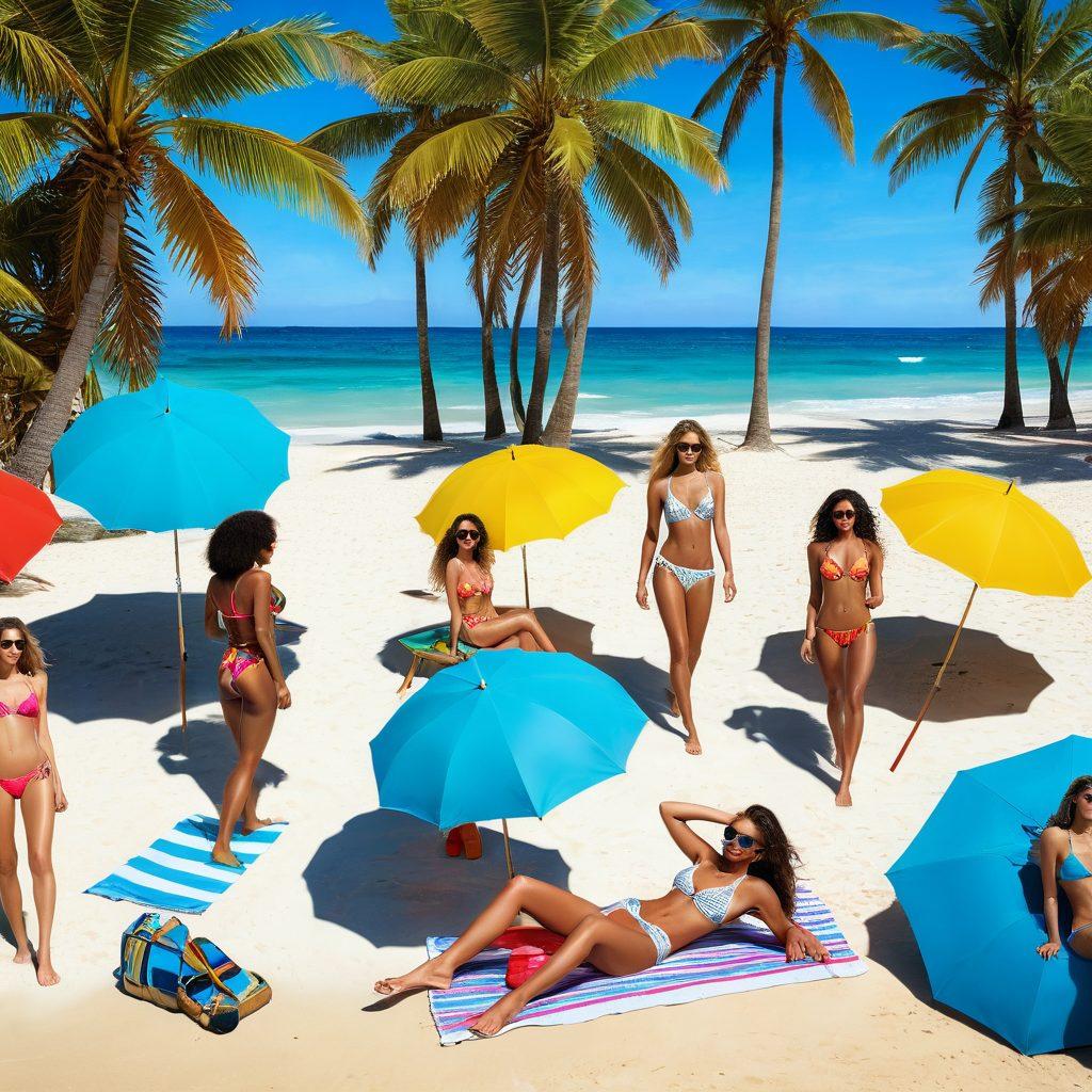 A stylish beach scene featuring diverse models showcasing the latest bikini trends, surrounded by vibrant beach umbrellas, clear blue water, and tropical palm trees. Capture the essence of summer with bright colors, playful poses, and a fun atmosphere. Incorporate elements like sunglasses, beach towels, and summer cocktails for added flair. super-realistic. vibrant colors. 3D.